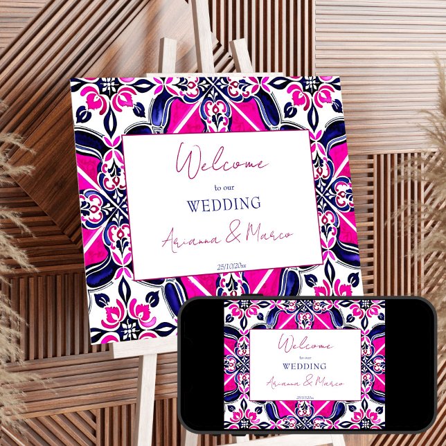 Pink blue Spanish Talavera tiles wedding welcome Poster (Pink blue Spanish Talavera Mexican tiles wedding welcome sign Poster editable template download)