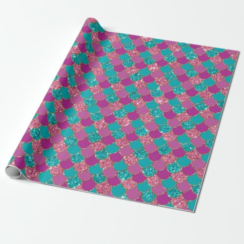 Pink Blue Sparkle Glitter Mermaid Scales Dragon Wrapping Paper