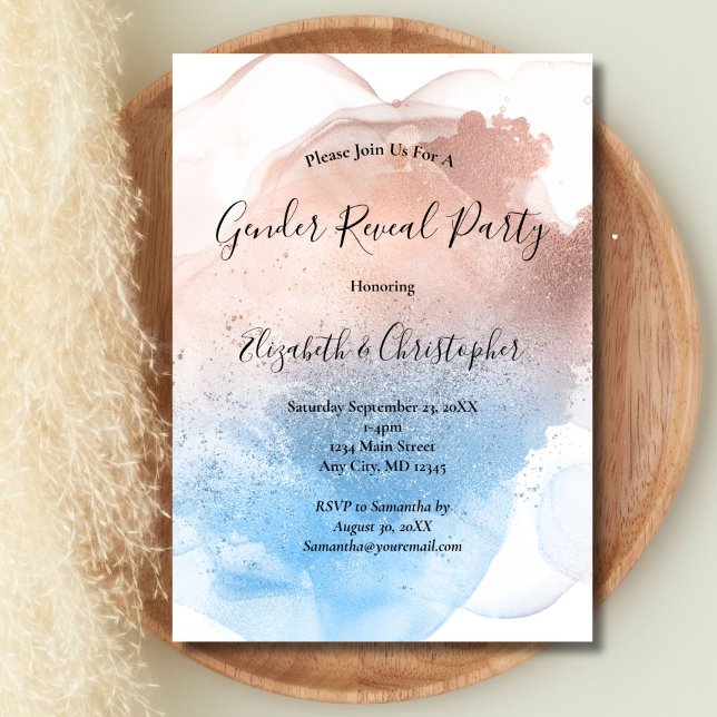 Pink Blue Splash Watercolor Gender Reveal Invitation (Pink Blue Watercolor wash splash Gender Reveal Party Invitation)