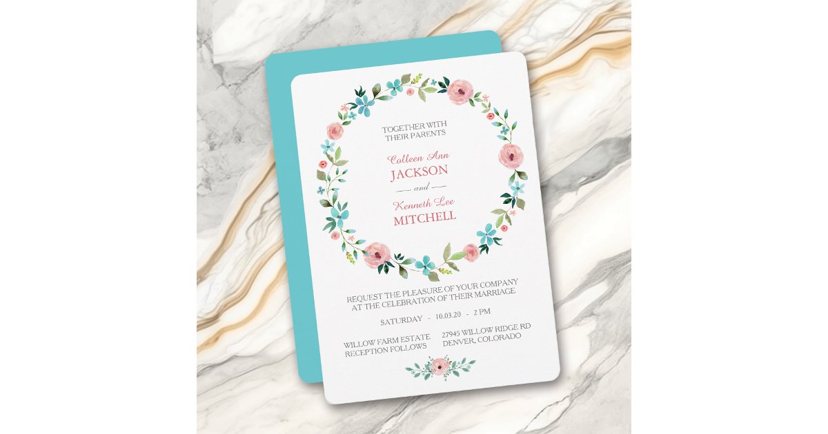 Blue Spring Invitations Pink Blue Spring Floral Wreath Wedding Invitation | Zazzle