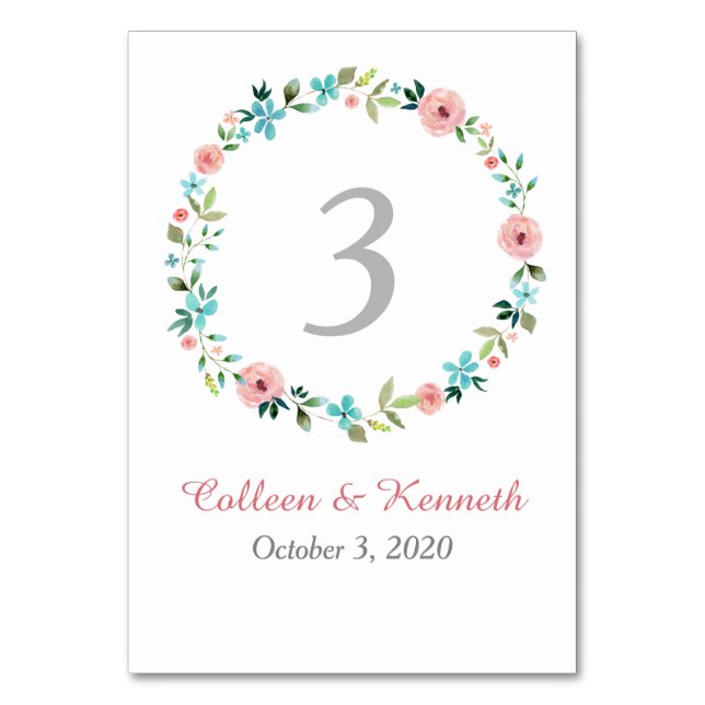 Pink Blue Spring Floral Wreath Wedding Table Table Number (Front)