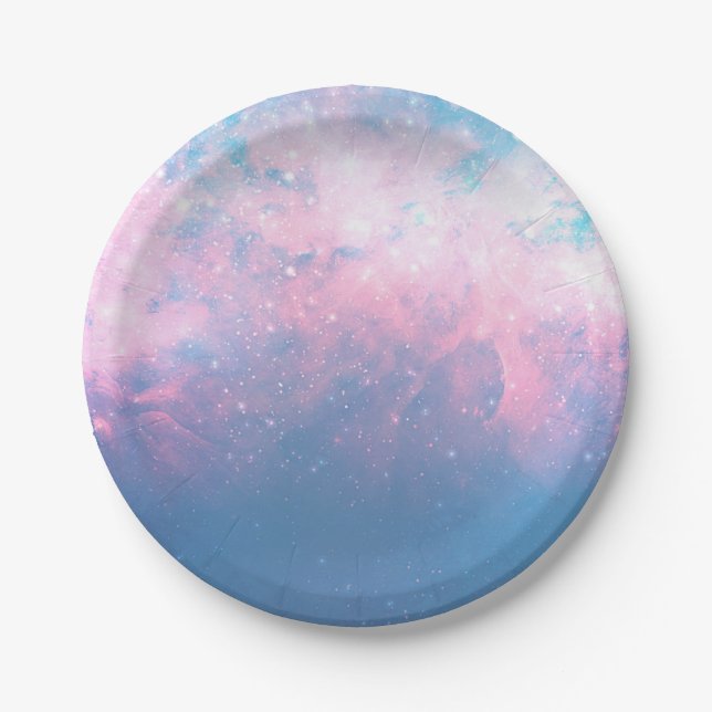 Pink & Blue Starry Cosmic Cotton Candy Sky Wedding Paper Plates (Front)