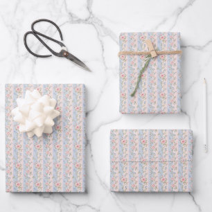 Pink Blue Stripe Floral Rose Bridal Shower Wedding Wrapping Paper Sheets
