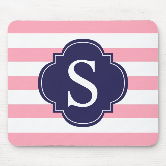 Pink Blue Stripes Monogram Mouse Pad (Front)