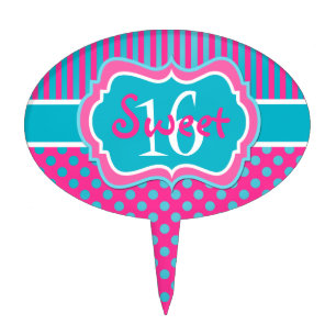 Pink Blue Stripes, Polka Dots Sweet 16 Cake Pick