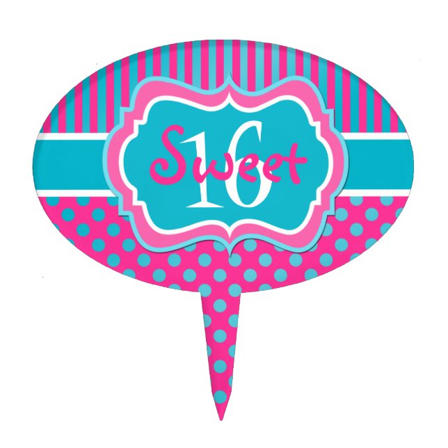 Pink Blue Stripes, Polka Dots Sweet 16 Cake Pick (Front)