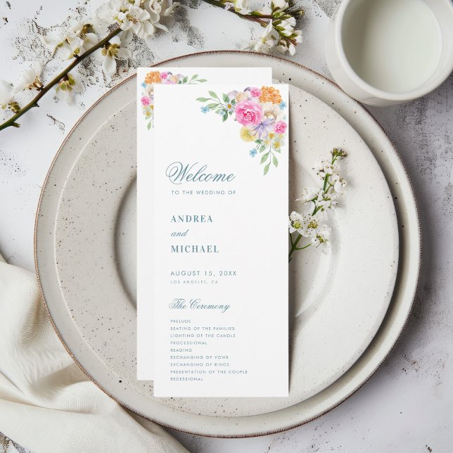Pink Blue Summer Floral Vibrant Bloom Wedding Program (Creator Uploaded)