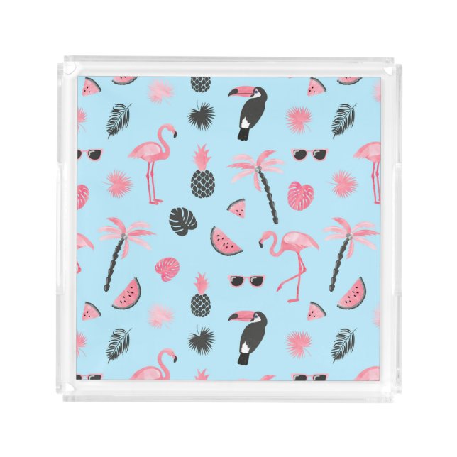 Pink & Blue Summer Tropical Pattern Acrylic Tray (Front)