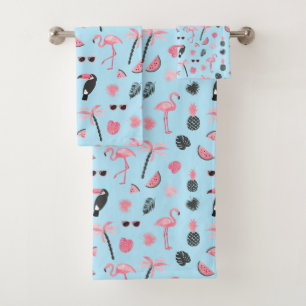 Pink & Blue Summer Tropical Pattern Bath Towel Set