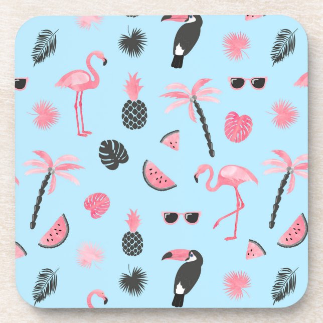 Pink & Blue Summer Tropical Pattern Beverage Coaster (Front)