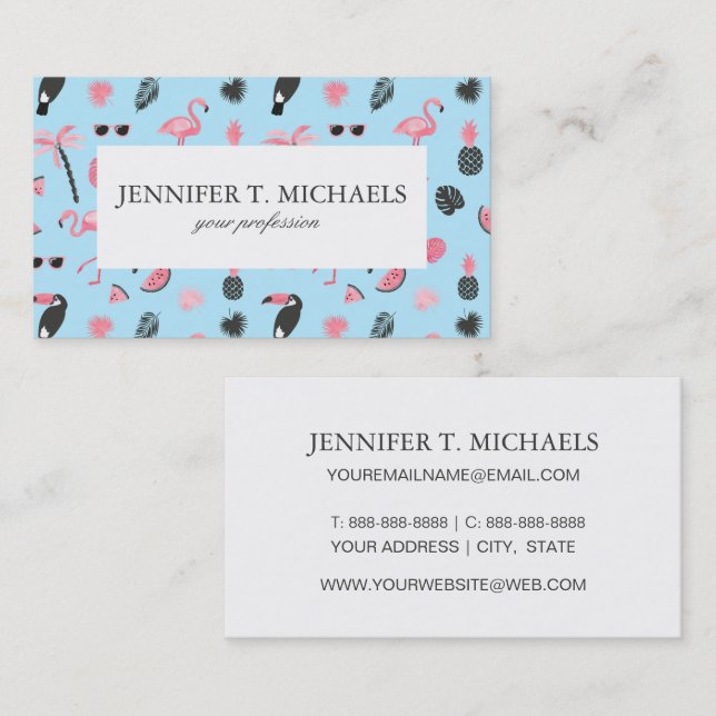 Pink & Blue Summer Tropical Pattern Business Card (Front/Back)