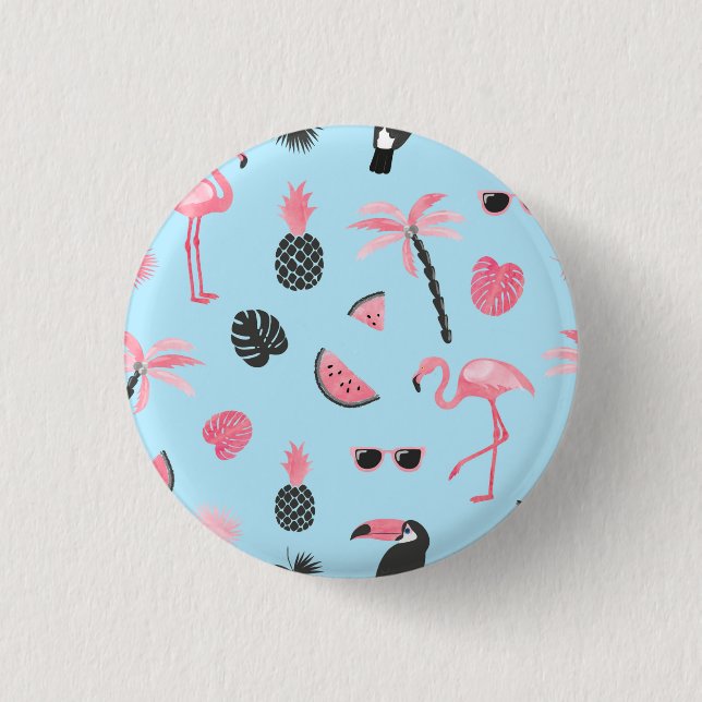 Pink & Blue Summer Tropical Pattern Button (Front)