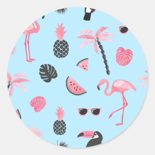 Pink  Blue Summer Tropical Pattern Classic Round Sticker