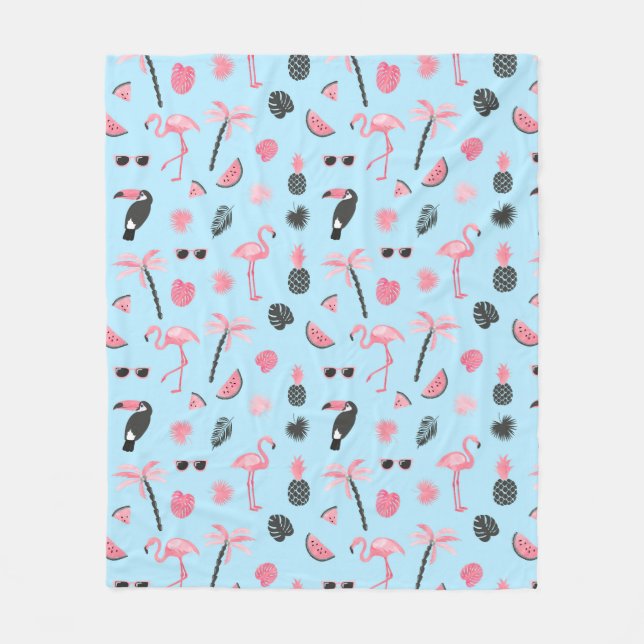 Pink & Blue Summer Tropical Pattern Fleece Blanket (Front)
