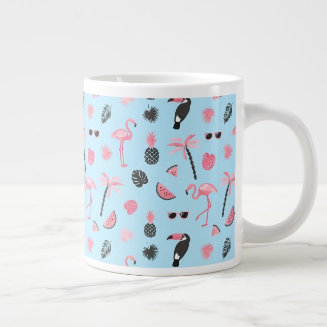 Pink & Blue Summer Tropical Pattern Large Coffee Mug (Right)