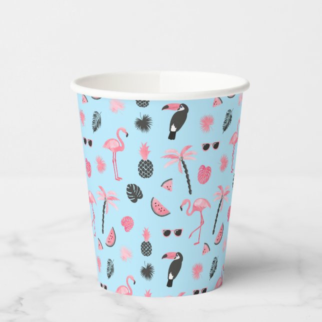 Pink & Blue Summer Tropical Pattern Paper Cups (Left)