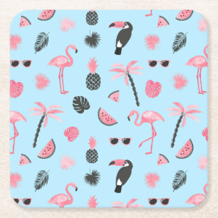 Pink & Blue Summer Tropical Pattern Square Paper Coaster