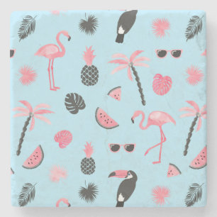 Pink & Blue Summer Tropical Pattern Stone Coaster