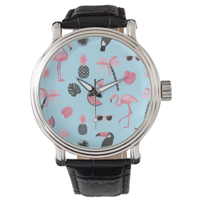 Pink & Blue Summer Tropical Pattern Watch (Front)