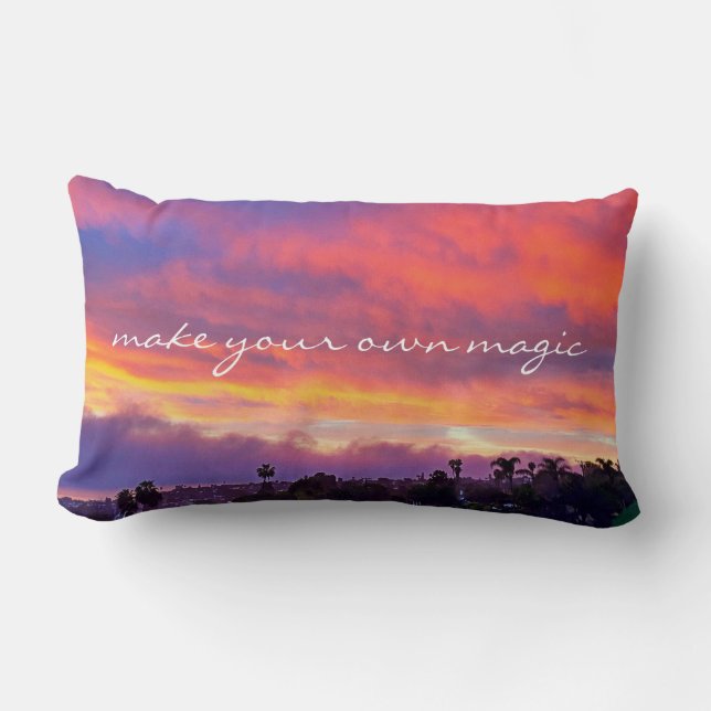 Pink Blue Sunset Photo Make Your Own Magic Quote Lumbar Pillow (Front)
