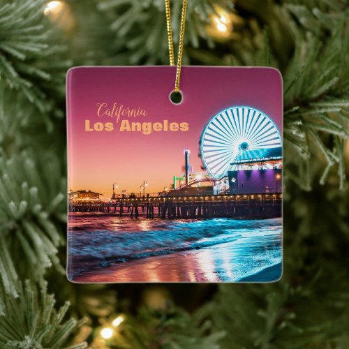 Pink &amp; Blue Sunset Santa Monica Pier Los Angeles Ceramic Ornament