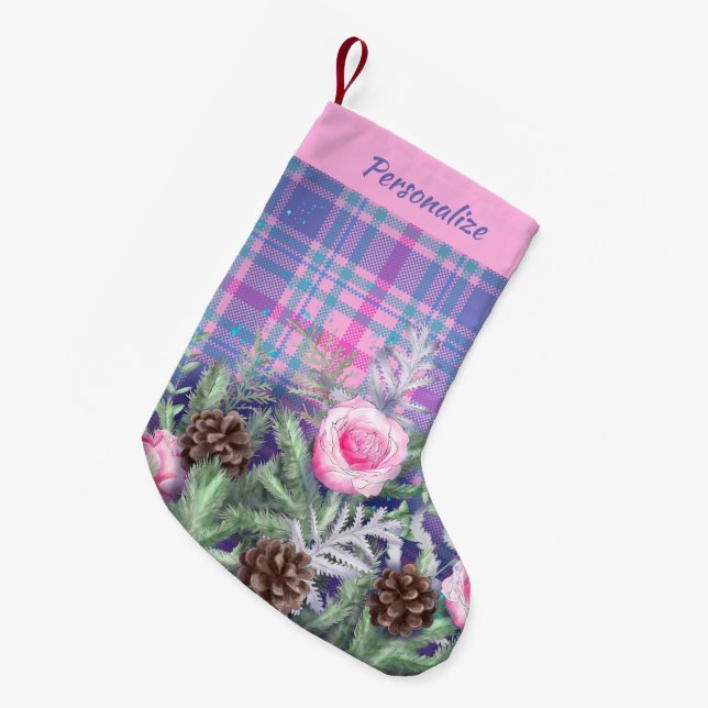 Pink Blue Tartan Roses Pinecones Personalized Small Christmas Stocking (Front (Hanging))