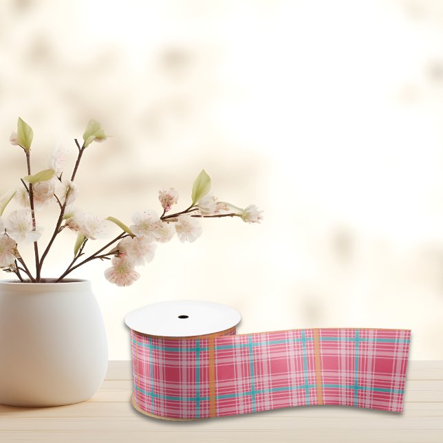 Pink & Blue Tartar plaid summer  Satin Ribbon (Pink & Blue Tartar plaid summer Satin Ribbon)