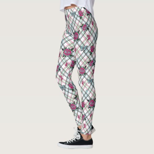 Pink Blue Tattoo Rose Skull Butterflies Plaid Leggings