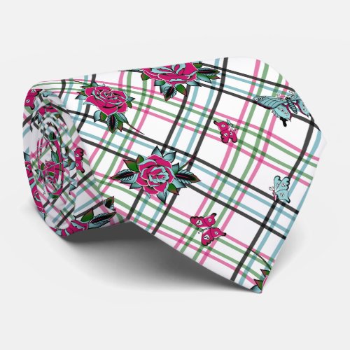 Pink Blue Tattoo Rose Skull Butterflies Plaid Neck Tie