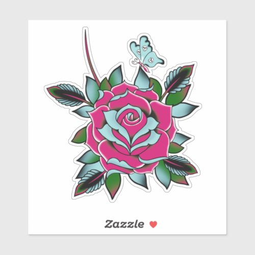 Pink Blue Tattoo Rose Skull Butterfly Sticker