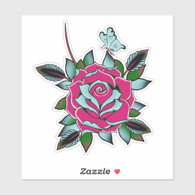Pink Blue Tattoo Rose Skull Butterfly Sticker (Sheet)