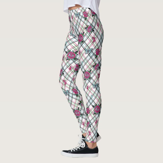 Pink Blue Tattoo Roses Butterflies Plaid Leggings (Left)