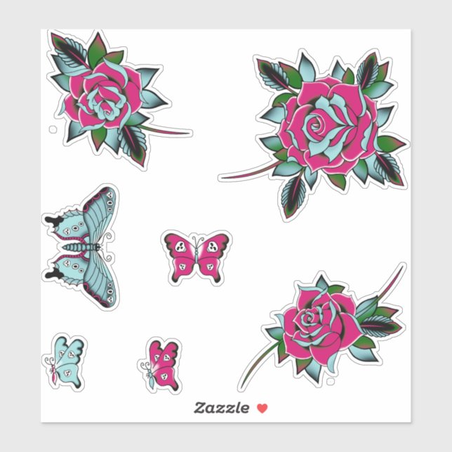 Pink Blue Tattoo Roses Butterflies Sticker (Sheet)
