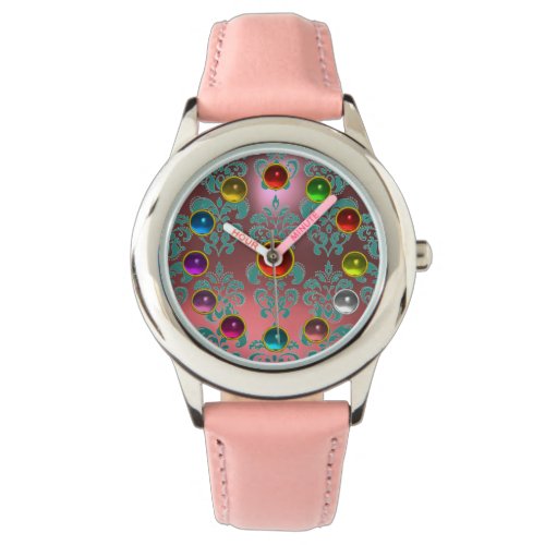 PINK BLUE TEAL DAMASK AND 3D COLORFUL GEMSTONES WATCH