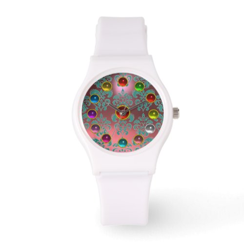 PINK BLUE TEAL DAMASK AND 3D COLORFUL GEMSTONES WATCH
