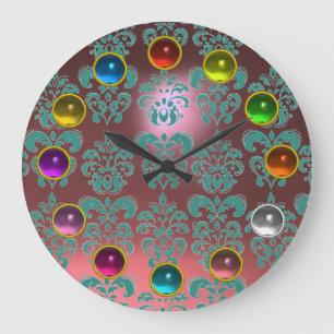 PINK BLUE TEAL DAMASK AND COLORFUL 3D GEM STONES LARGE CLOCK