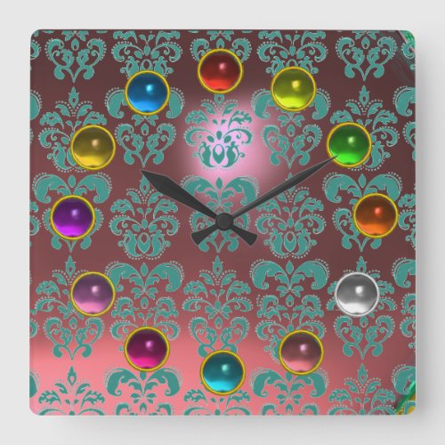 PINK BLUE TEAL DAMASK AND COLORFUL 3D GEM STONES SQUARE WALL CLOCK