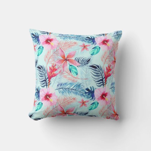 Pink Blue Teal Floral Modern Tropical Pattern Outdoor Pillow