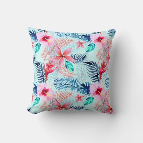 Pink Blue Teal Floral Modern Tropical Pattern Throw Pillow