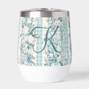 Pink Blue Teal Monogram Initial Gingham Gift Her Thermal Wine Tumbler