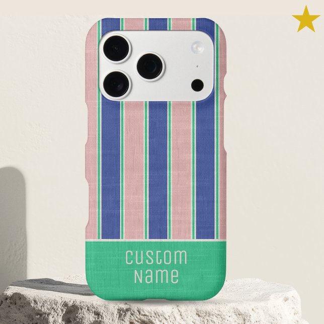 Pink Blue Teal Preppy Bold Stripes Custom Name  iPhone Case (Creator Uploaded)