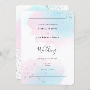 Pink Blue Teal Watercolor Silver Confetti Wedding Invitation