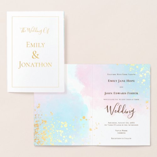 Pink Blue Teal Watercolors Confetti Wedding Gold Foil Card