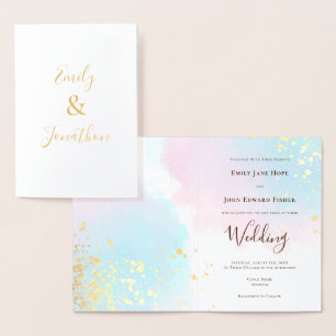 Pink Blue Teal Watercolors Names Wedding Gold Foil Card