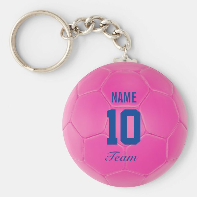 Pink Blue Team Soccer Ball Personalized Name Keychain (Front)