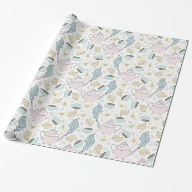 Pink Blue Teapots TeaCups Birds on White Wrapping Paper Zazzle