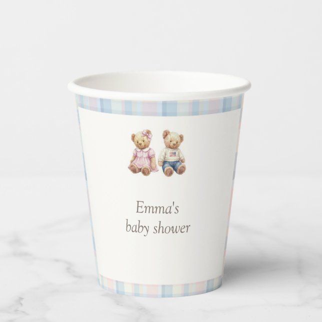 Pink Blue Teddy Bear Baby Shower Paper Cups (Front)