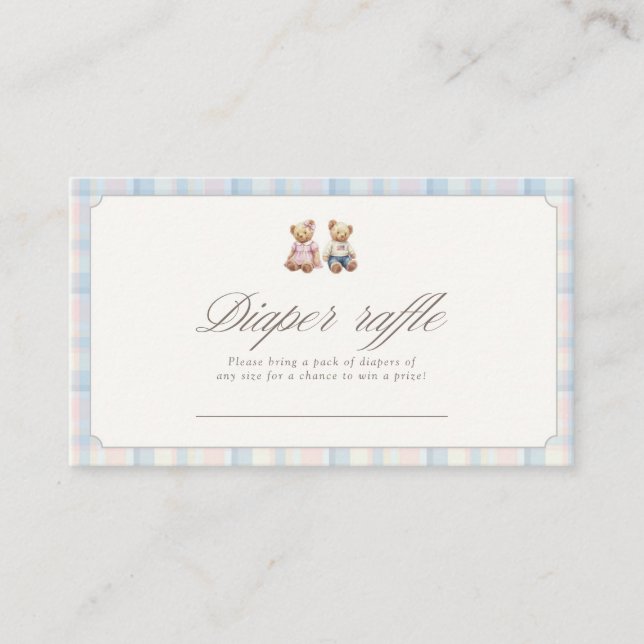 Pink Blue Teddy Bear Diaper Raffle Card 3.5x2 (Front)