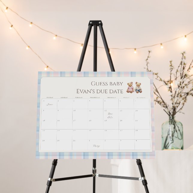 Pink Blue Teddy Bear Due Date Calendar Foam Board (In Situ (Stand))