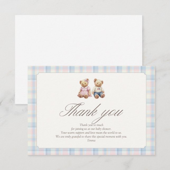 Pink Blue Teddy Bear Thank You Gender Reveveal Card (Front/Back)